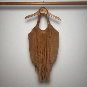 Vintage Zara Genuine Suede Large Leather Fringe Tan Bag Heavy Hobo Style
